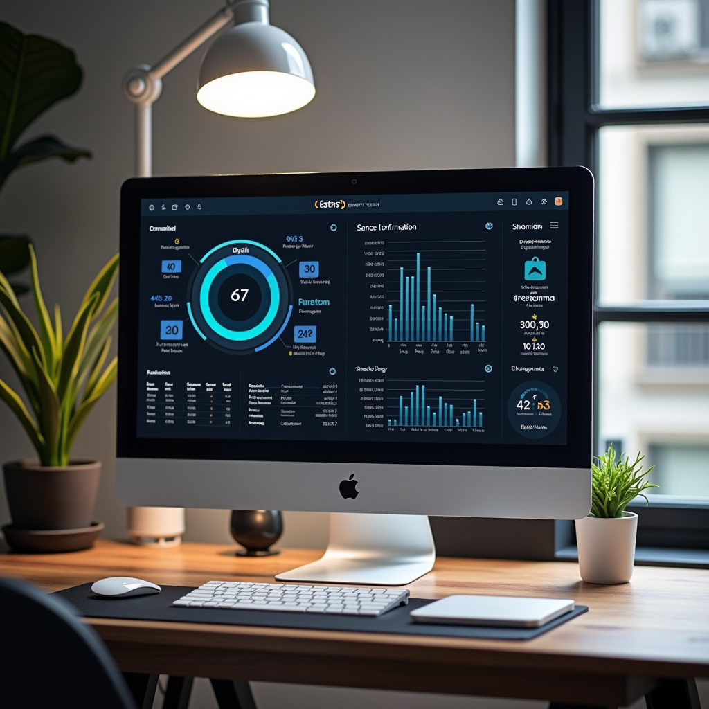 Modern Mac workspace in a Spanish office environment showing system optimization tools and performance monitoring dashboard on a clean desktop setup