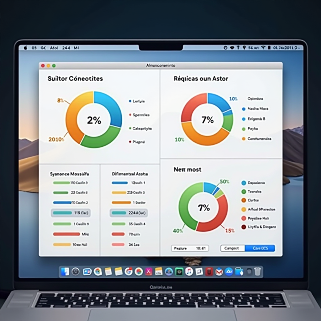 Panel de optimización de almacenamiento de Mac mostrando el uso del espacio en disco con gráficos coloridos, categorías de archivos y opciones de limpieza en una interfaz moderna y limpia