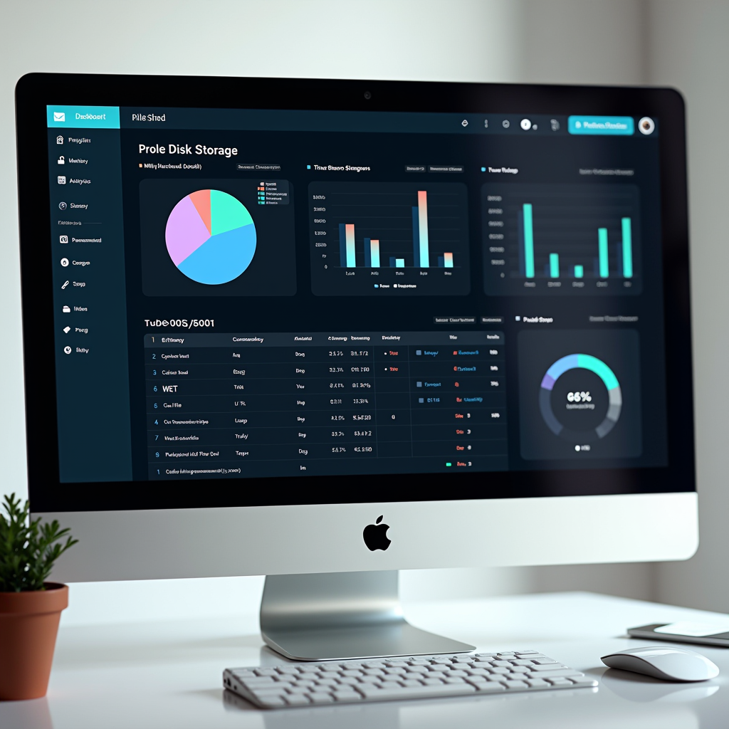 Professional Mac storage analysis dashboard displaying detailed disk space breakdown with pie charts showing file categories, storage usage statistics, and optimization recommendations on a modern clean interface