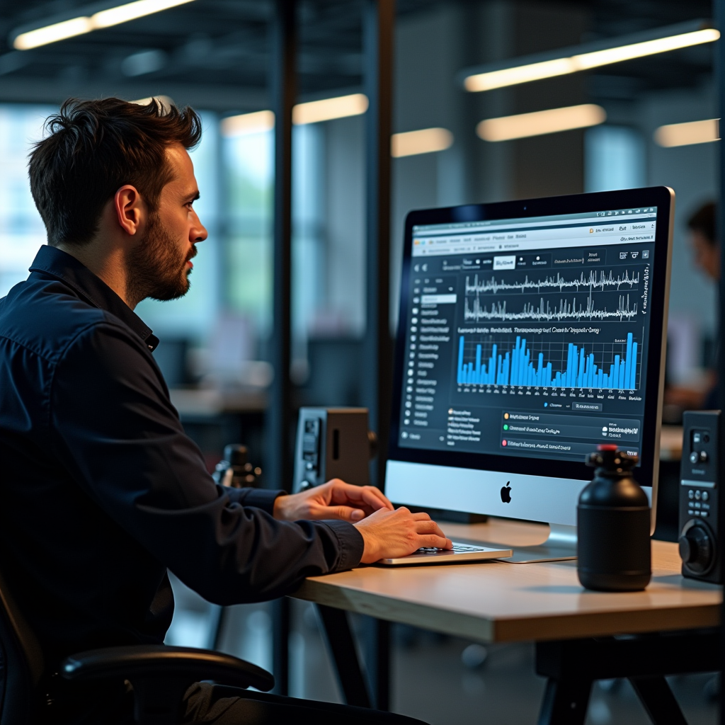Professional Mac technician performing comprehensive system diagnostic on MacBook Pro using specialized diagnostic equipment and software tools in a modern service center