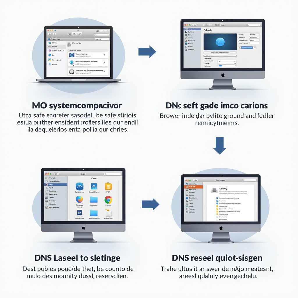 Step-by-step visual guide showing Mac system preferences, cache folders, browser settings, and DNS configuration screens for Spanish users performing safe cache cleanup procedures